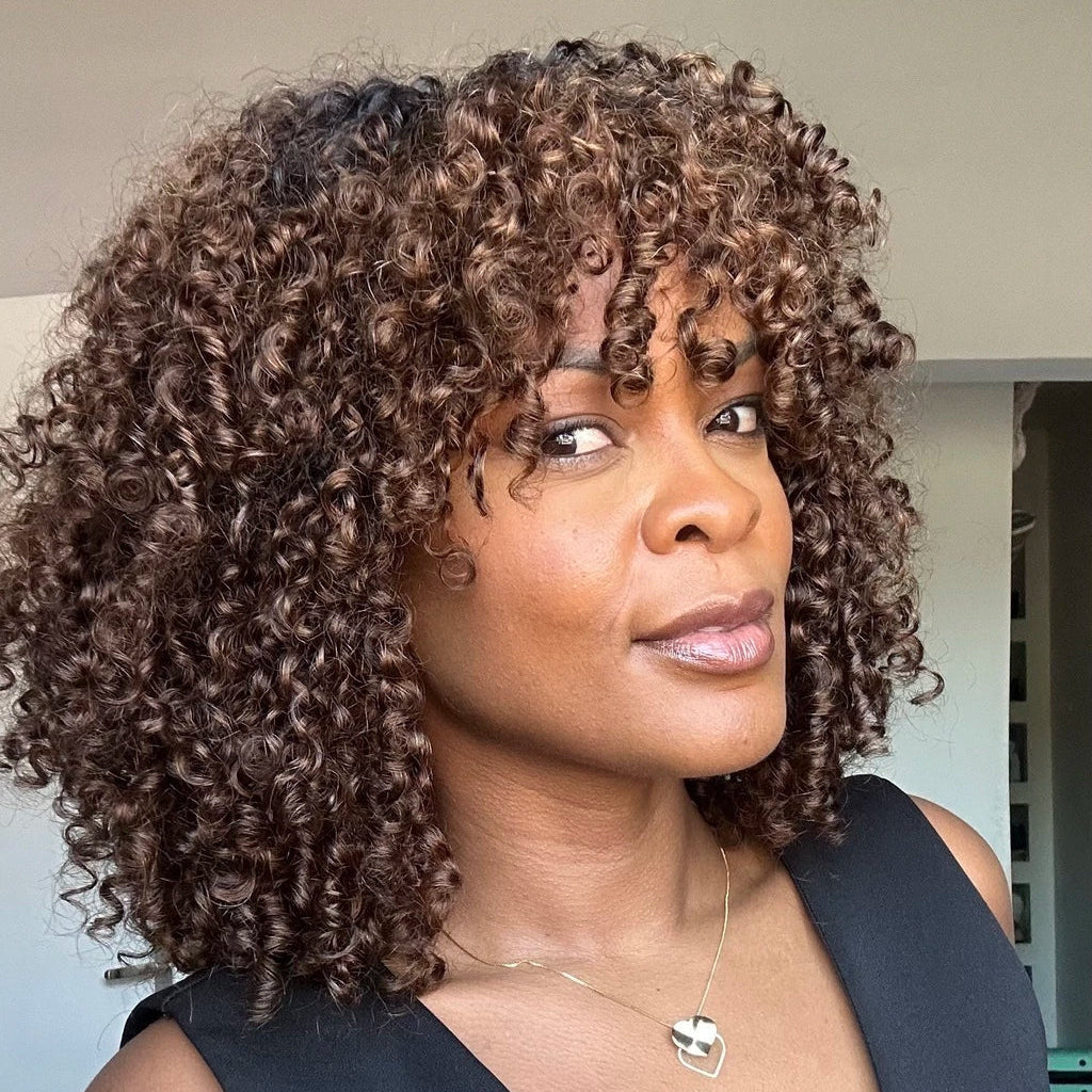 Blonde Brown Highlights Voluminous Short Curly Bob Glueless Wig