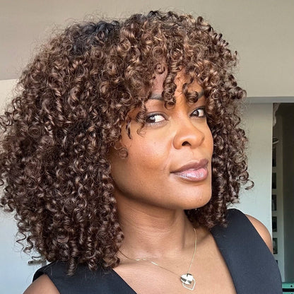 Blonde Brown Highlights Voluminous Short Curly Bob Glueless Wig