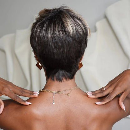 Blonde Highlight Layered Short Pixie Cut Glueless Wig 100% Human Hair