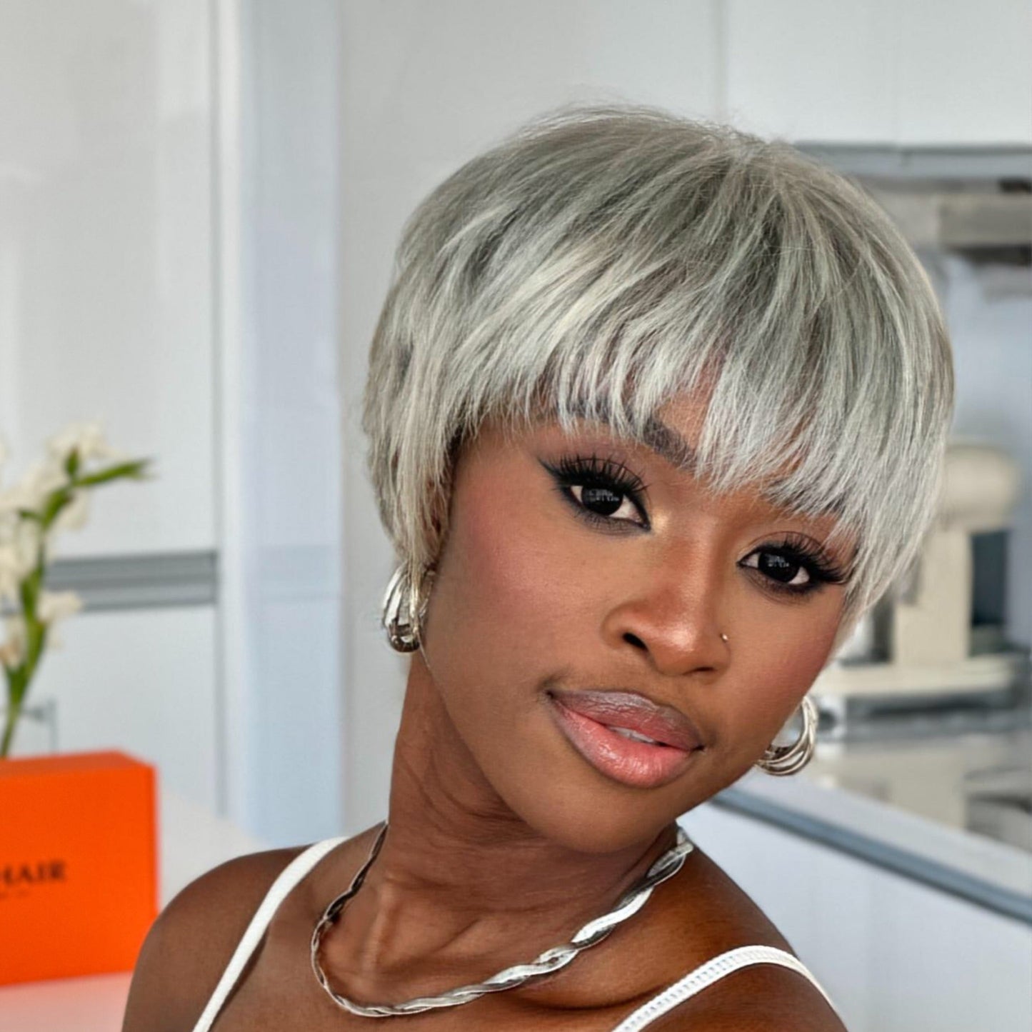 Put on & Go Silver Gray Glueless Pixie With Bangs