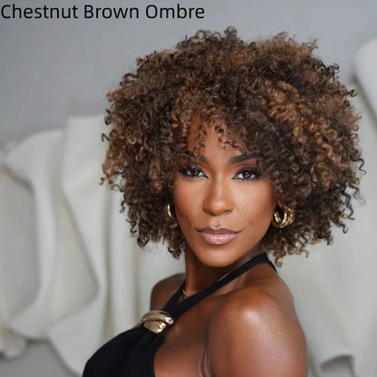 Put On & Go Voluminous Afro Kinky Curly Bob Wig 100% Human Hair