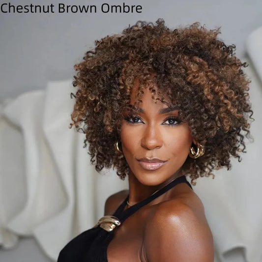 Put On & Go Voluminous Afro Kinky Curly Bob Wig 100% Human Hair