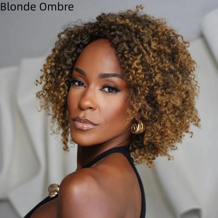 Put On & Go Voluminous Afro Kinky Curly Bob Wig 100% Human Hair