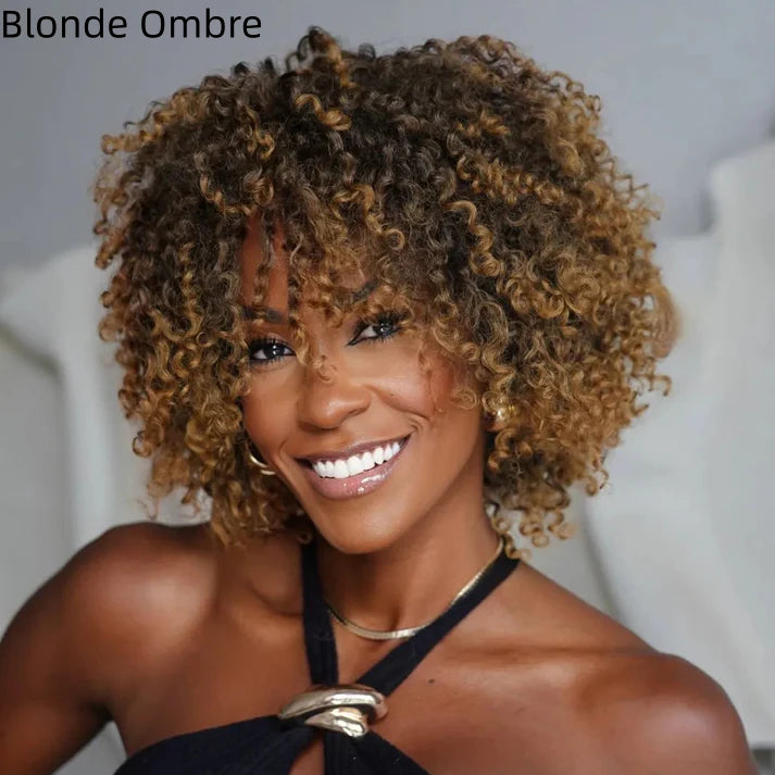 Put On & Go Voluminous Afro Kinky Curly Bob Wig 100% Human Hair